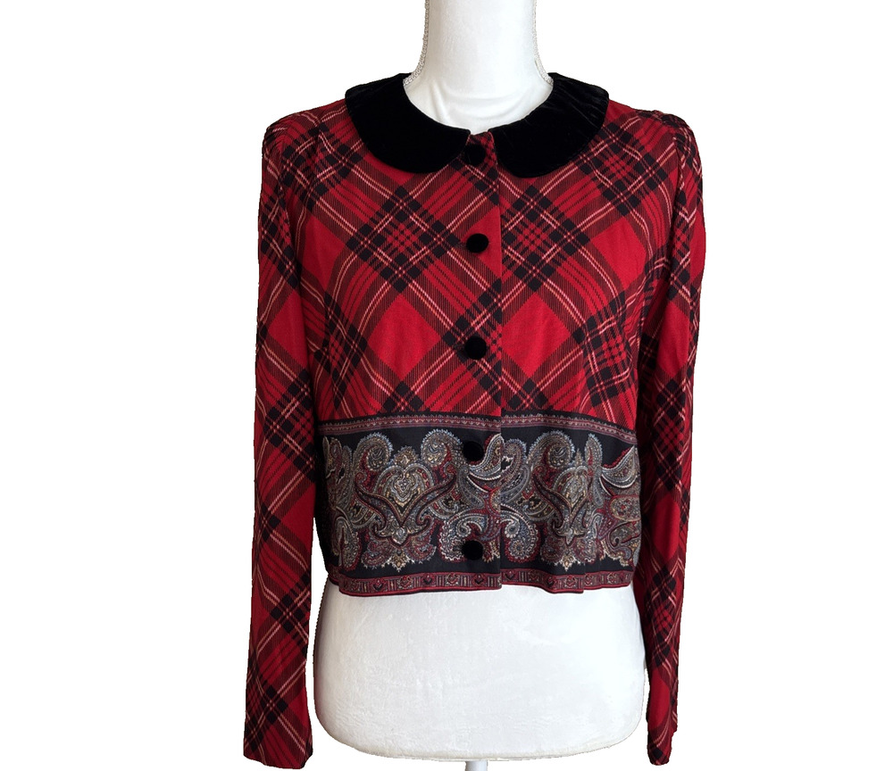 Karin Stevens Paisley Plaid Velvet Peter Pan Collar Button Up Blouse 90s, Sz 10